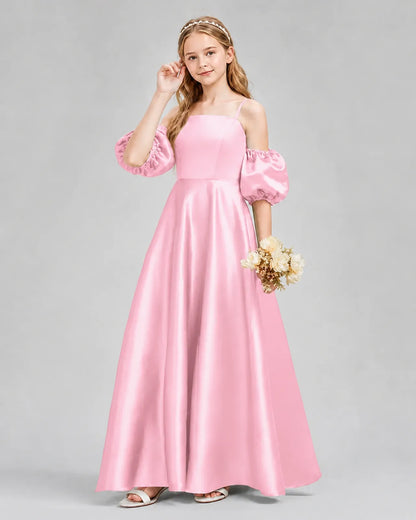 Pink Satin A-line Junior Bridesmaid Dress Front View