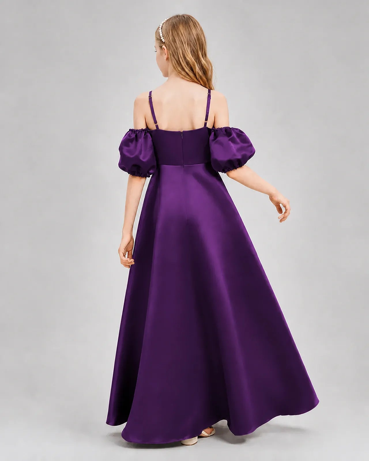 Purple Satin A-line Junior Bridesmaid Dress Back View