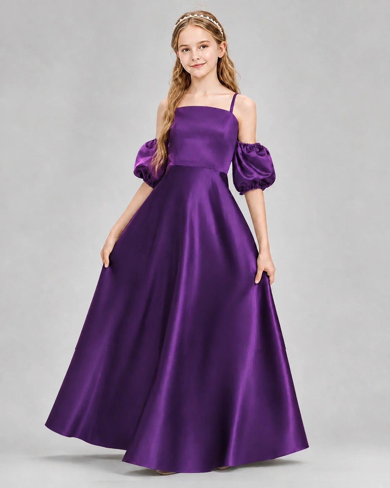 Dideyttawl Junior Bridesmaid Dress with Puff Sleeves and A-Line Satin Skirt