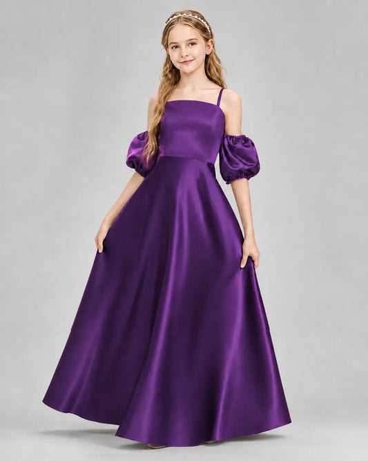 Purple Satin A-line Junior Bridesmaid Dress Front View