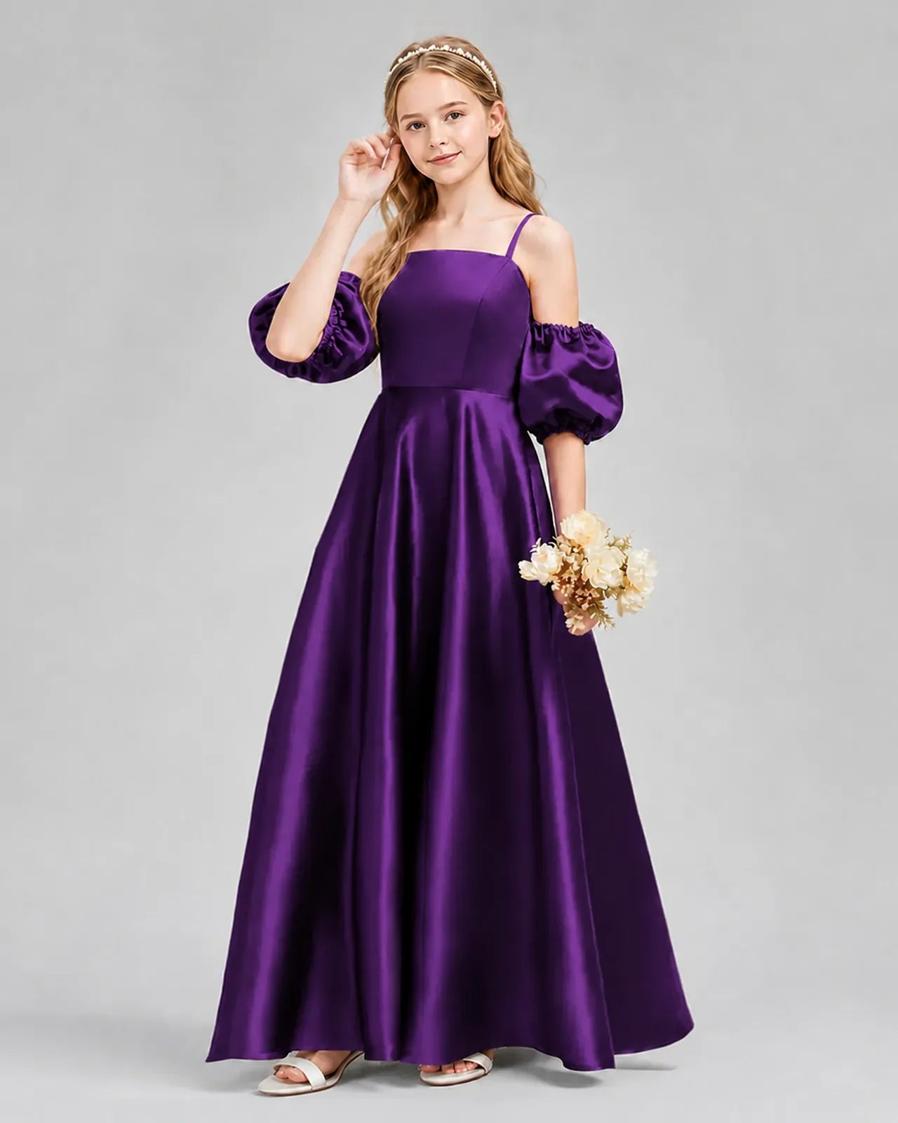 Purple Satin A-line Junior Bridesmaid Dress Front View
