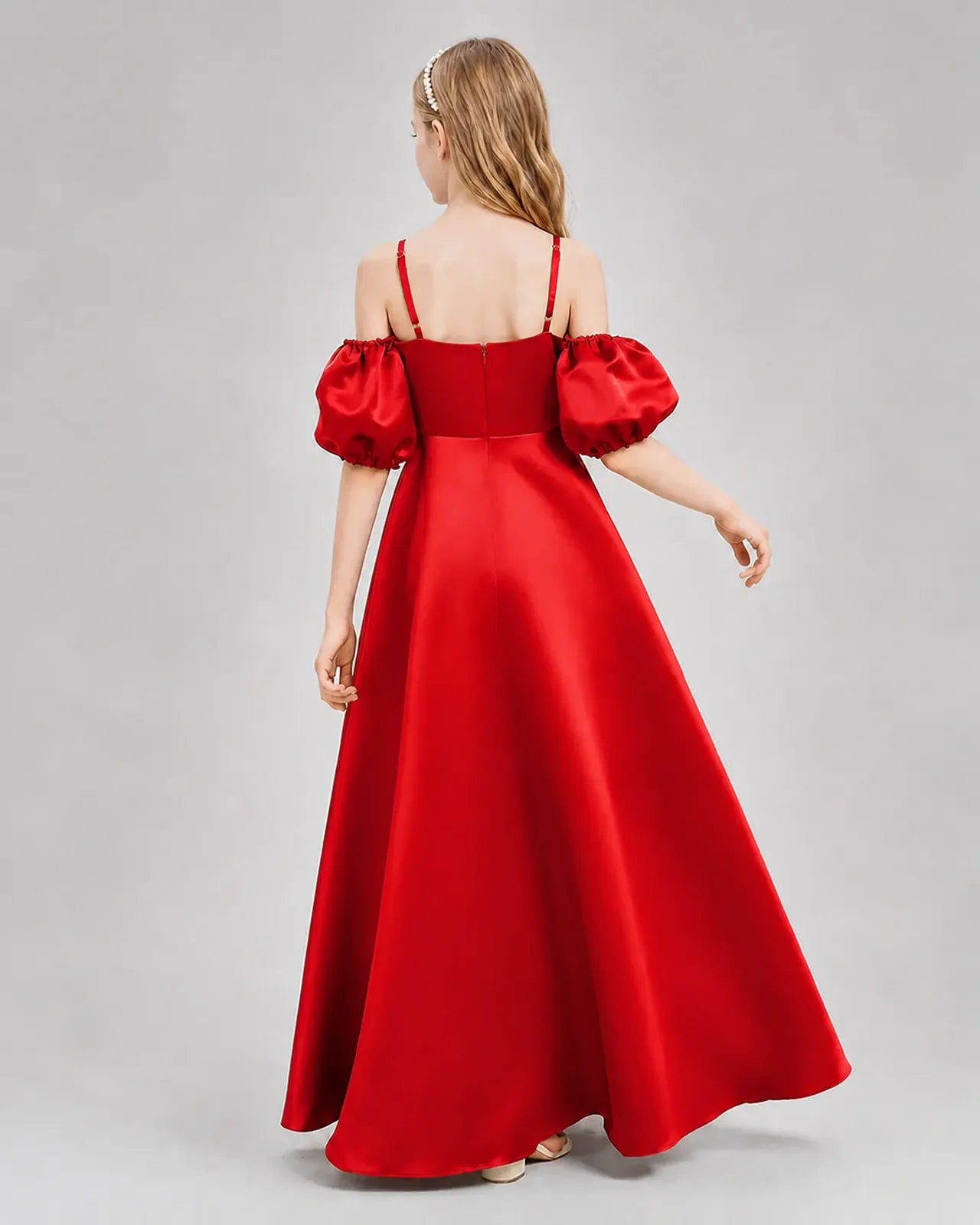Red Satin A-line Junior Bridesmaid Dress Back View