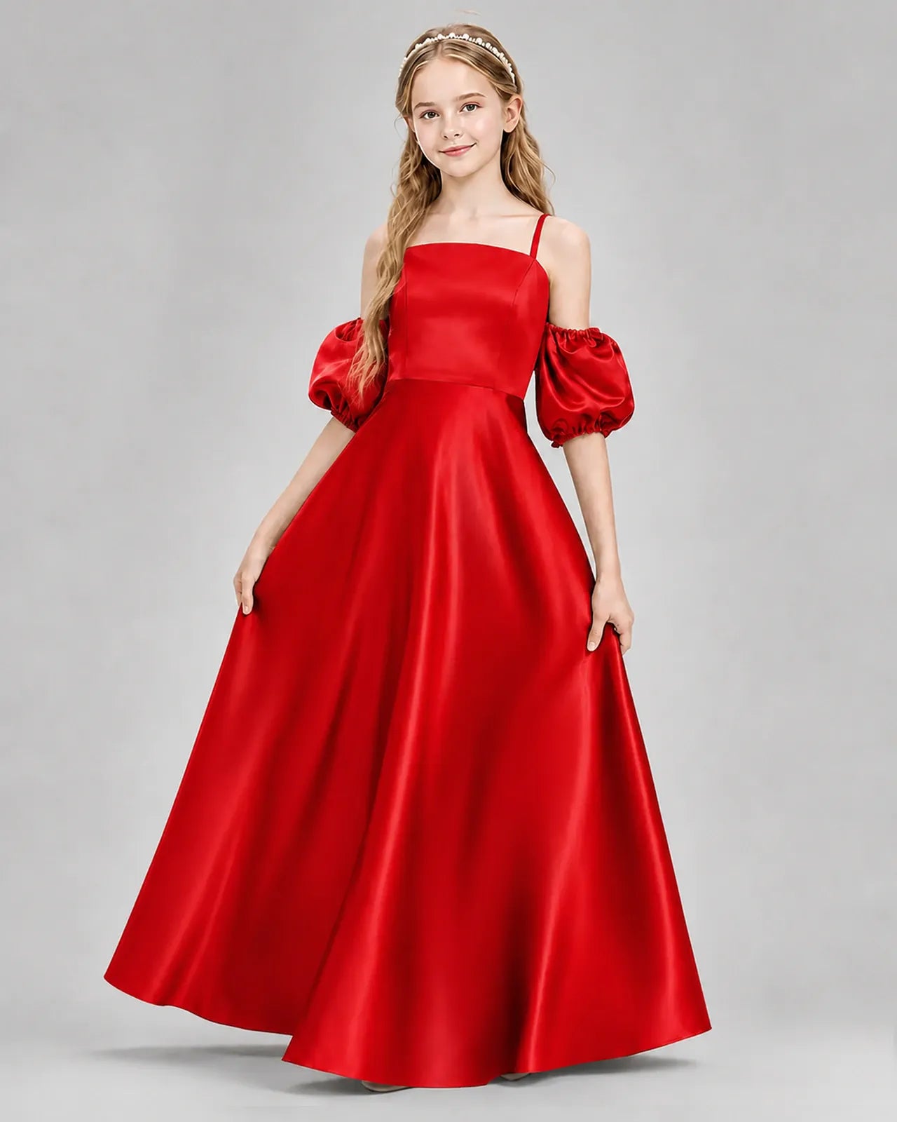 Red Satin A-line Junior Bridesmaid Dress Front View