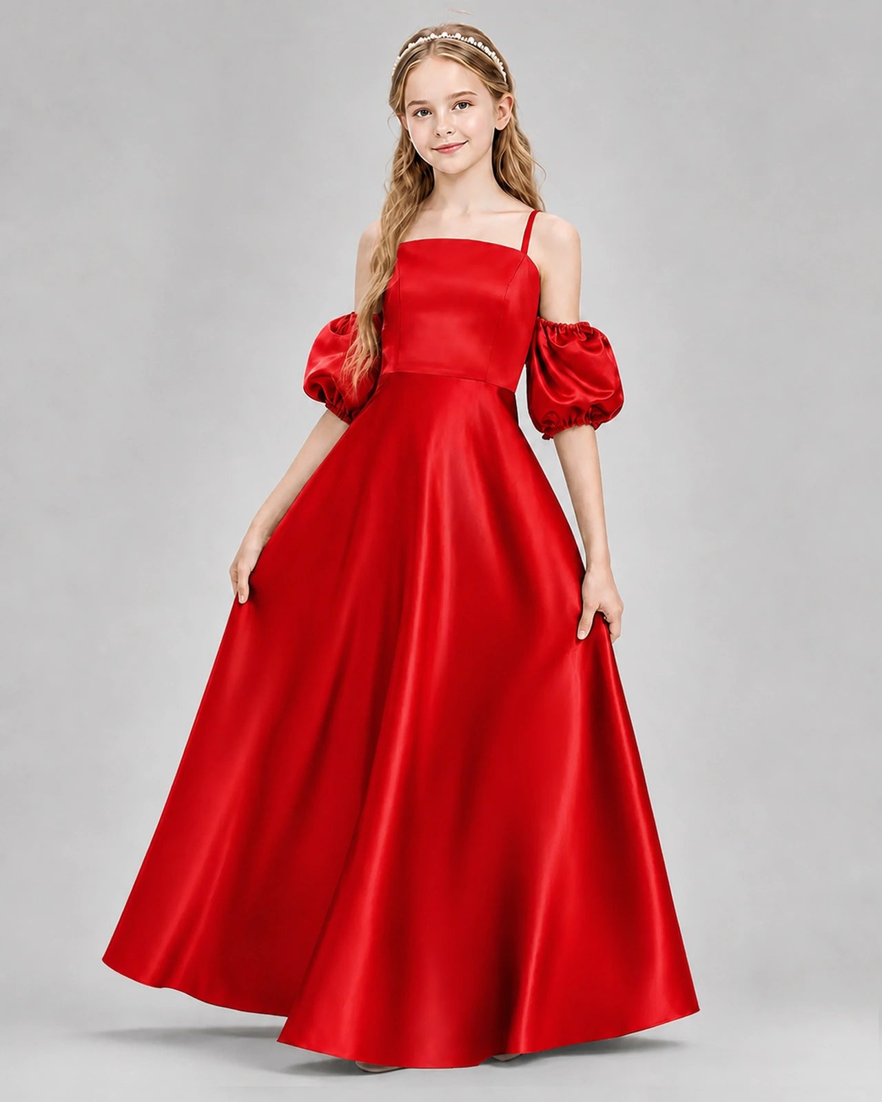 Dideyttawl Junior Bridesmaid Dress with Puff Sleeves and A-Line Satin Skirt