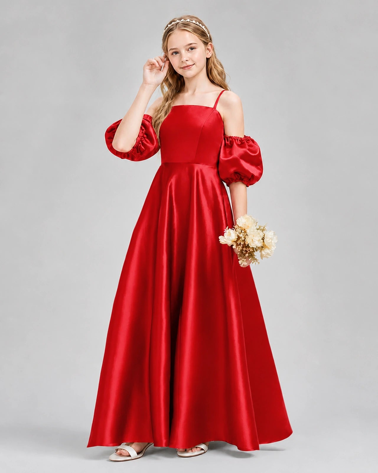 Dideyttawl Junior Bridesmaid Dress with Puff Sleeves and A-Line Satin Skirt