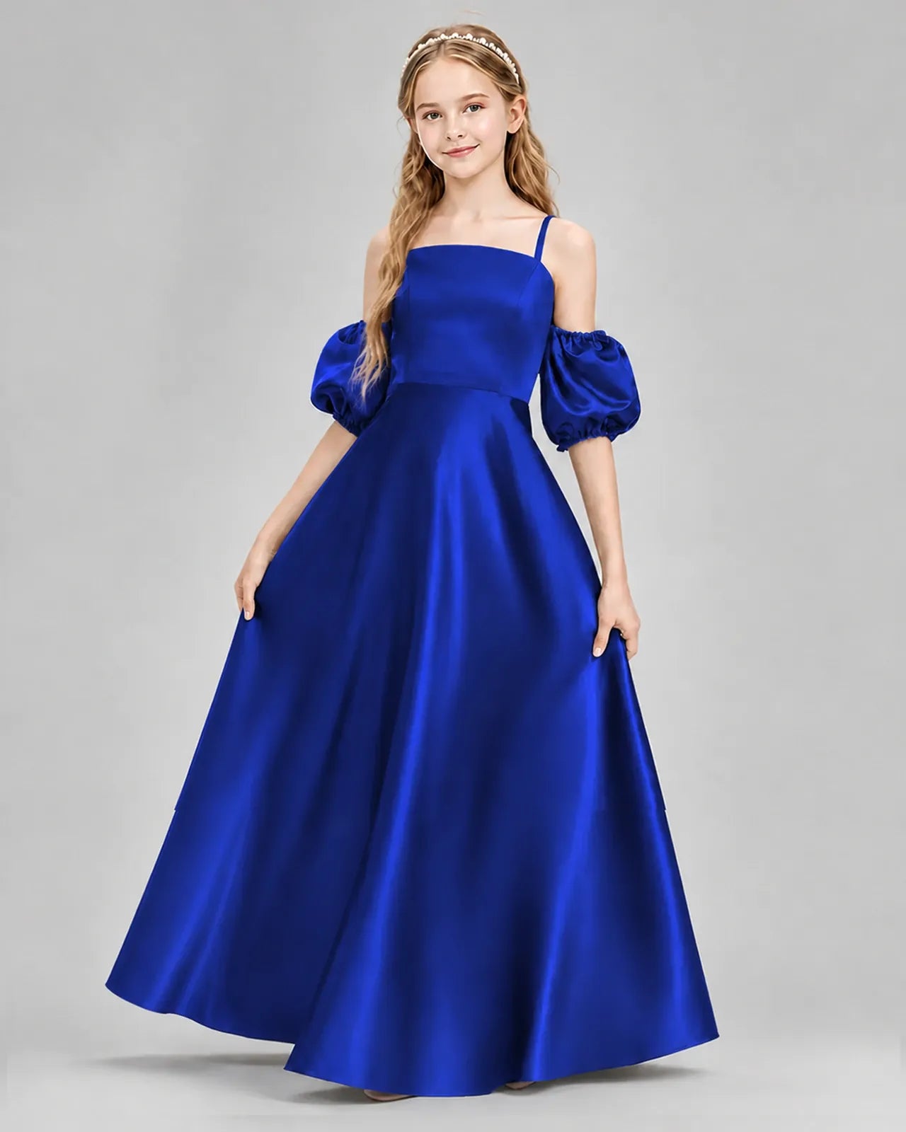 Royal Blue Satin A-line Junior Bridesmaid Dress Front View