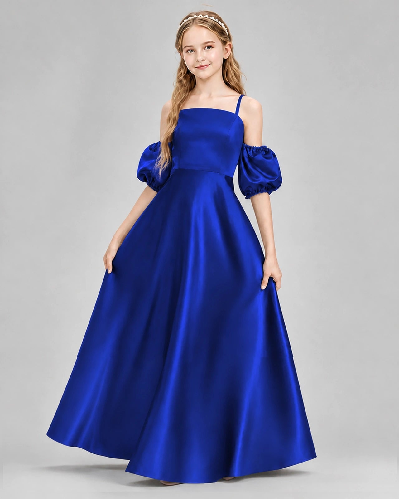 Dideyttawl Junior Bridesmaid Dress with Puff Sleeves and A-Line Satin Skirt