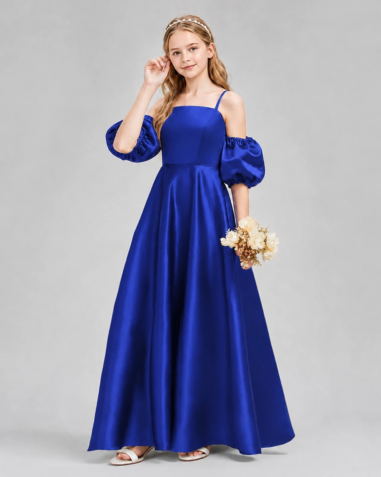 Dideyttawl Junior Bridesmaid Dress with Puff Sleeves and A-Line Satin Skirt