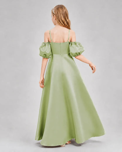 Sage Green Satin A-line Junior Bridesmaid Dress Back View