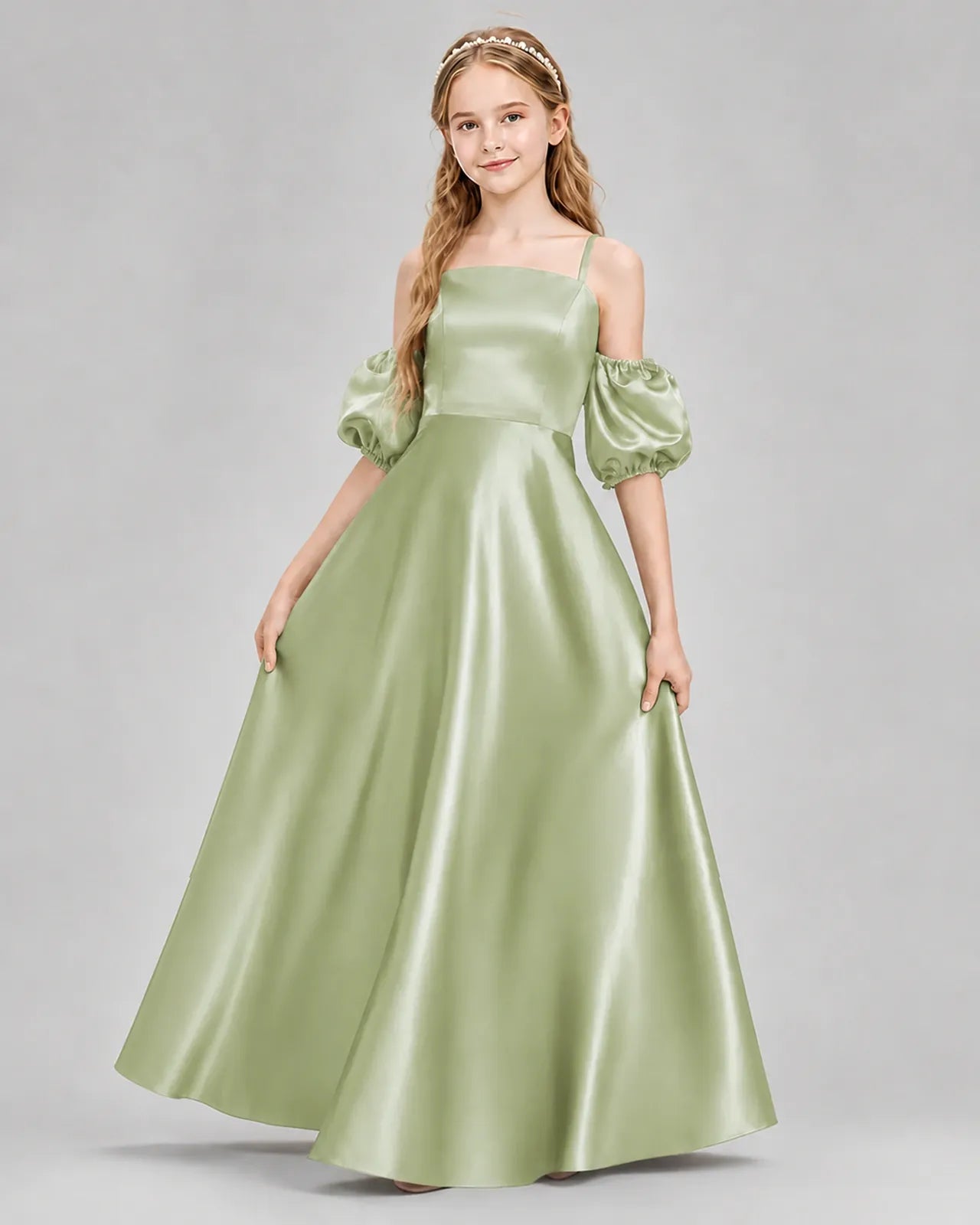 Sage Green Satin A-line Junior Bridesmaid Dress Front View