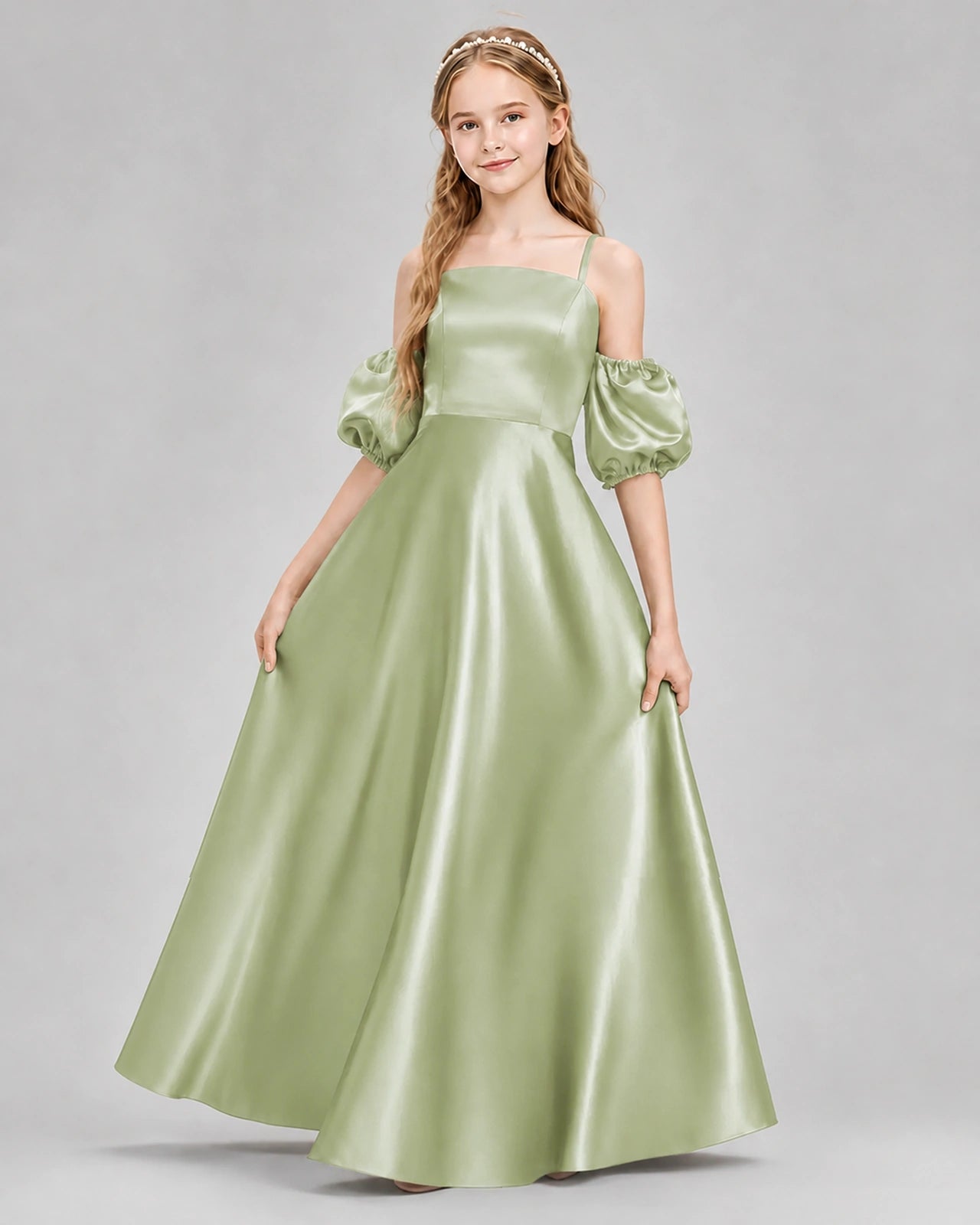 Dideyttawl Junior Bridesmaid Dress with Puff Sleeves and A-Line Satin Skirt
