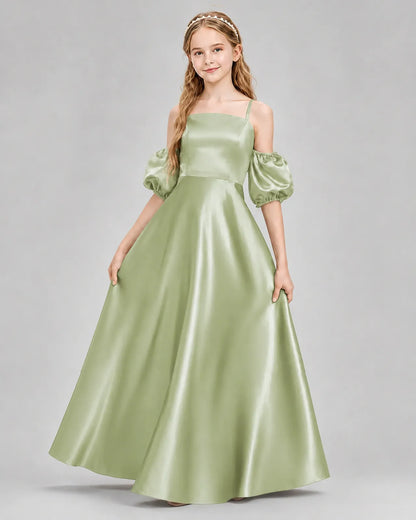 Sage Green Satin A-line Junior Bridesmaid Dress Front View