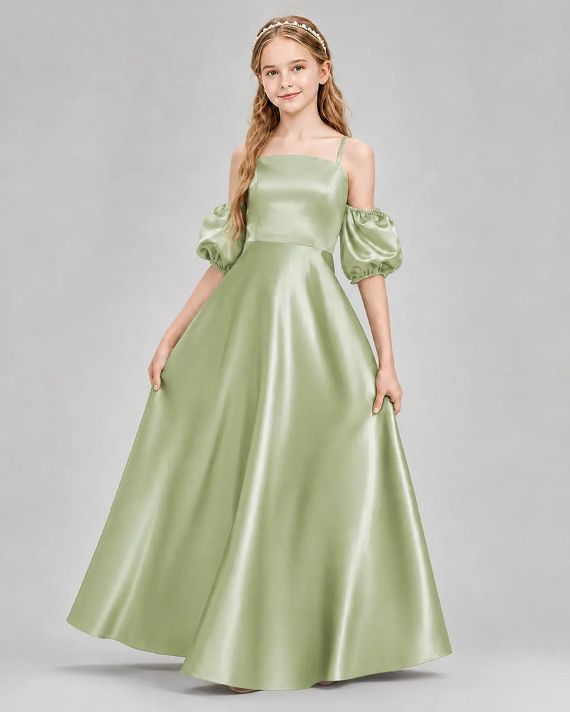 Sage Green Satin A-line Junior Bridesmaid Dress Front View