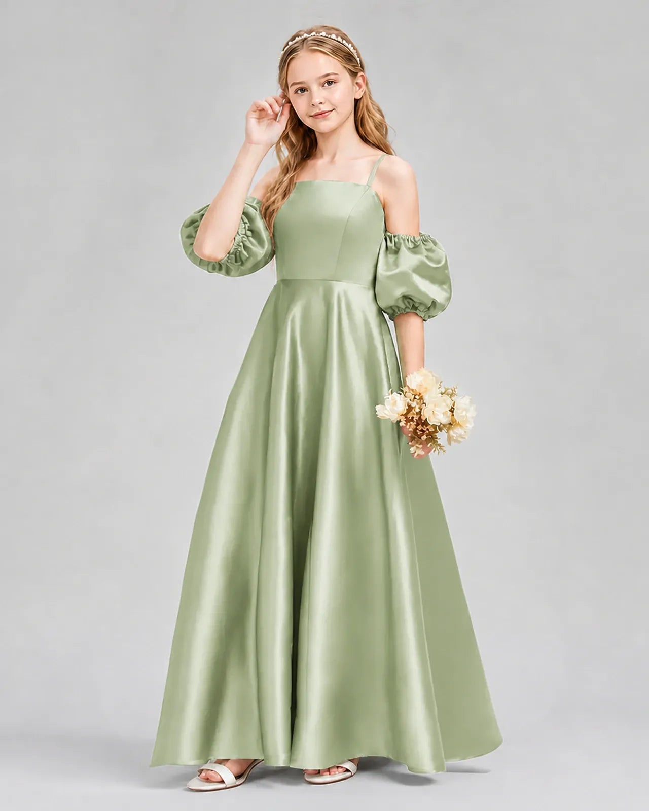 Sage Green Satin A-line Junior Bridesmaid Dress Front View