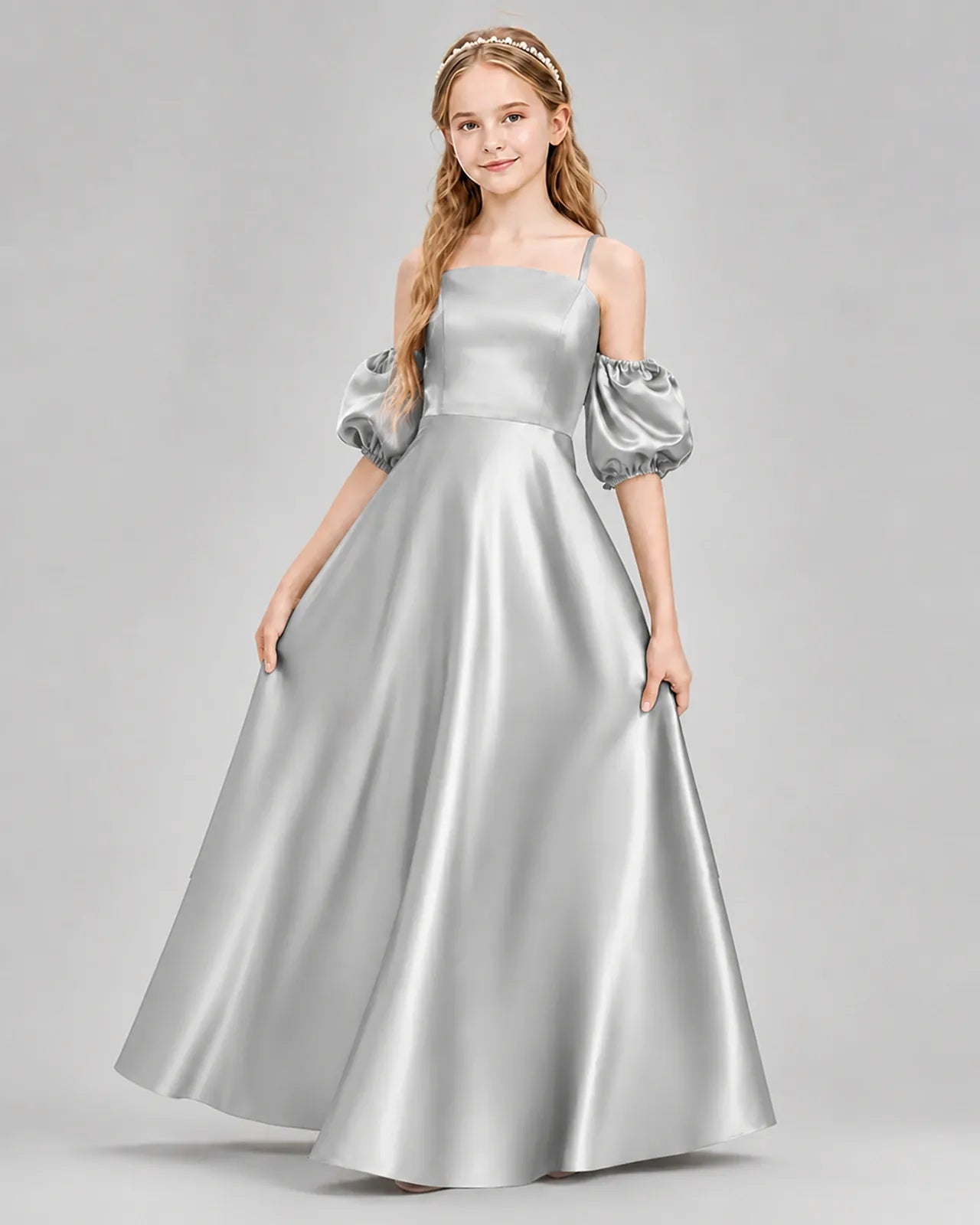 Silver Satin A-line Junior Bridesmaid Dress Front View
