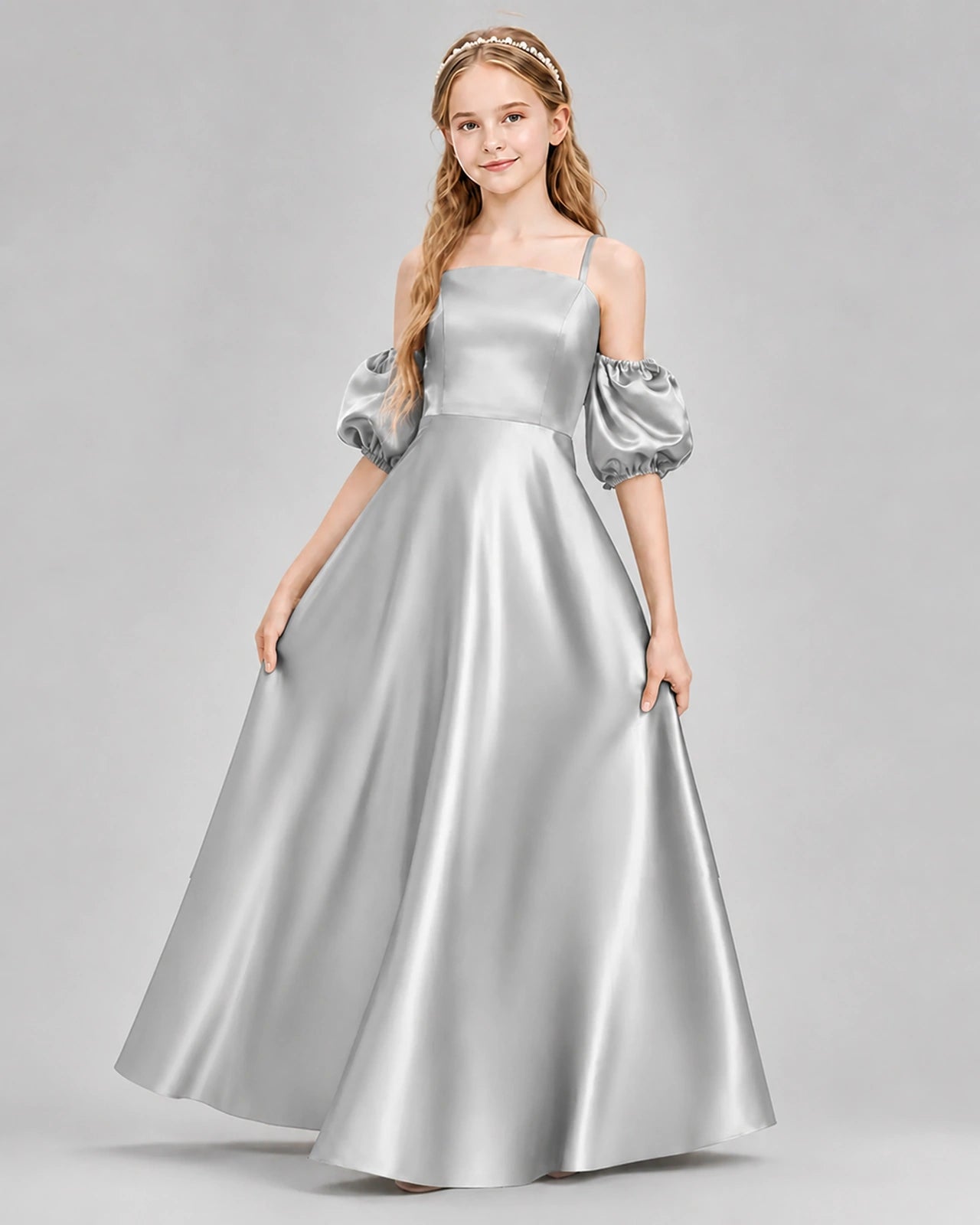 Dideyttawl Junior Bridesmaid Dress with Puff Sleeves and A-Line Satin Skirt