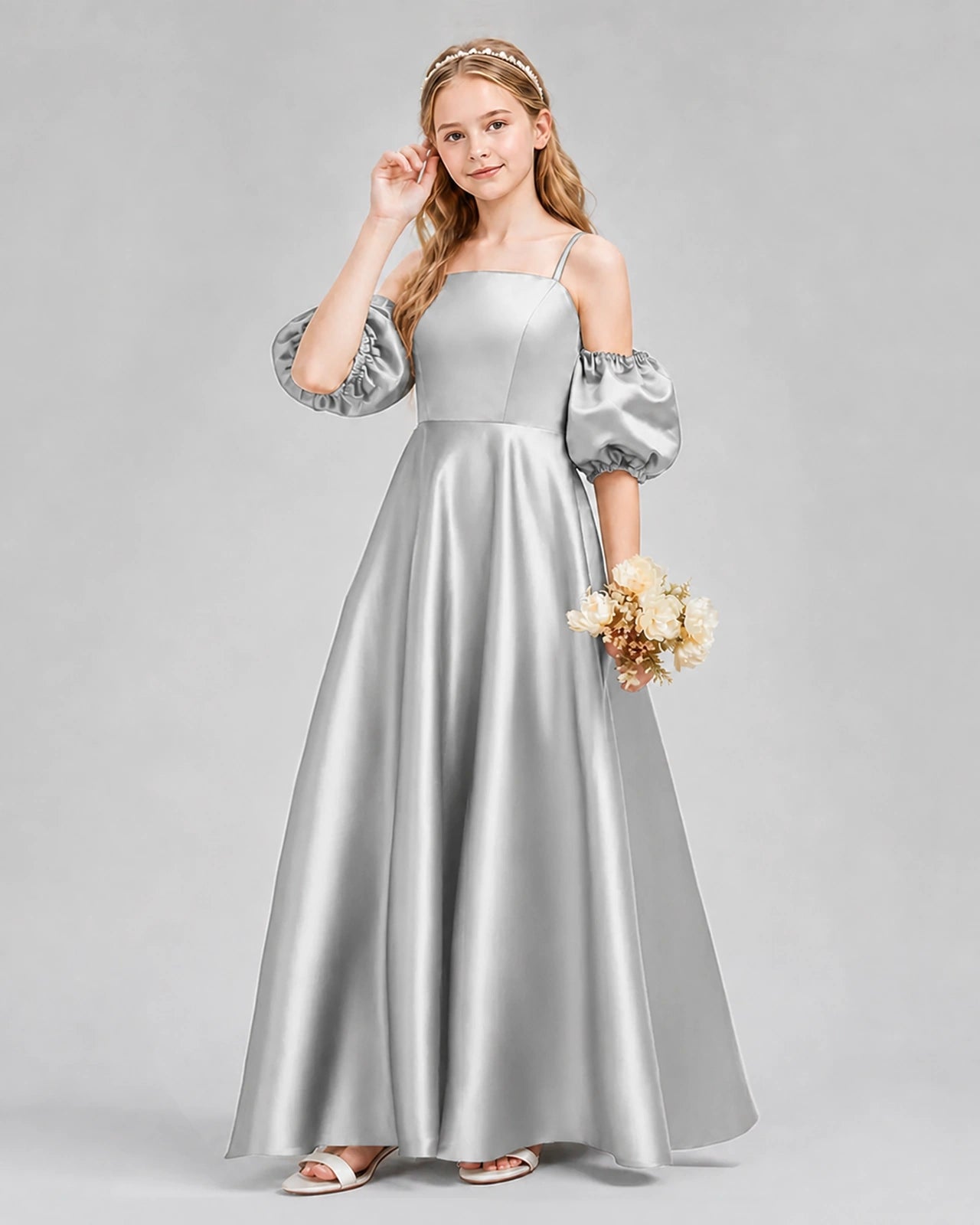 Dideyttawl Junior Bridesmaid Dress with Puff Sleeves and A-Line Satin Skirt