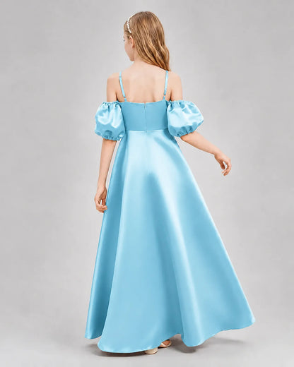Sky Blue Satin A-line Junior Bridesmaid Dress Back View