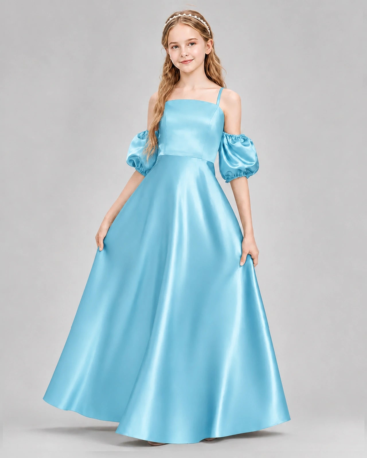 Dideyttawl Junior Bridesmaid Dress with Puff Sleeves and A-Line Satin Skirt