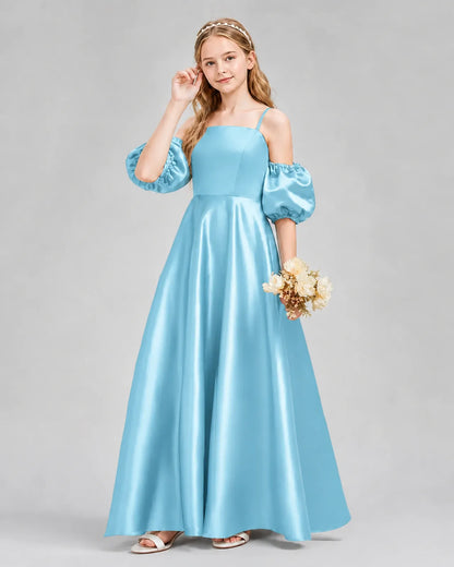 Sky Blue Satin A-line Junior Bridesmaid Dress Front View