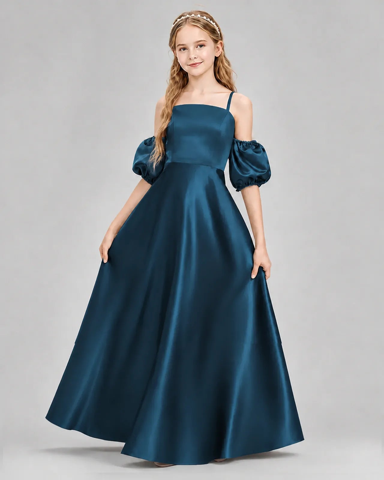 Teal Satin A-line Junior Bridesmaid Dress Front View