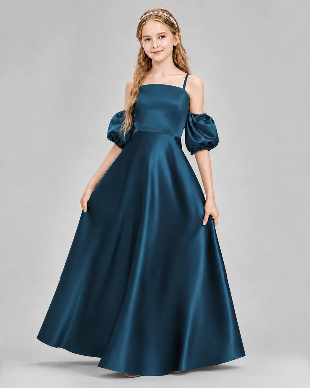 Dideyttawl Junior Bridesmaid Dress with Puff Sleeves and A-Line Satin Skirt