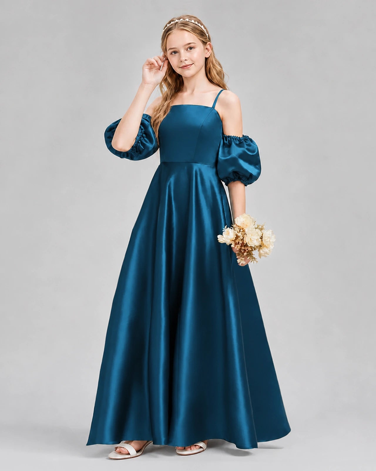 Dideyttawl Junior Bridesmaid Dress with Puff Sleeves and A-Line Satin Skirt