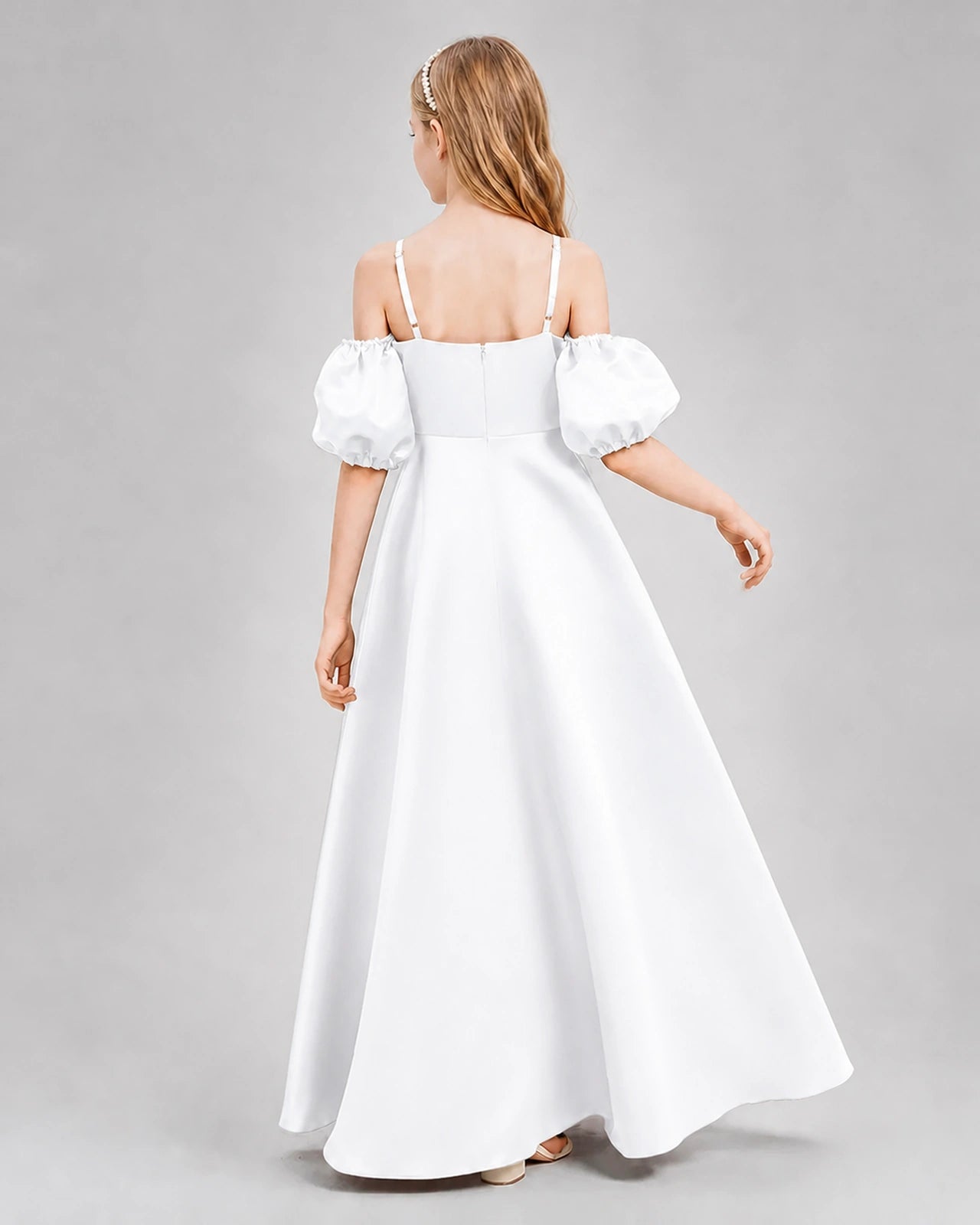 Dideyttawl Junior Bridesmaid Dress with Puff Sleeves and A-Line Satin Skirt