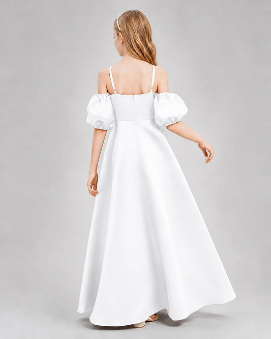 White Satin A-line Junior Bridesmaid Dress Back View