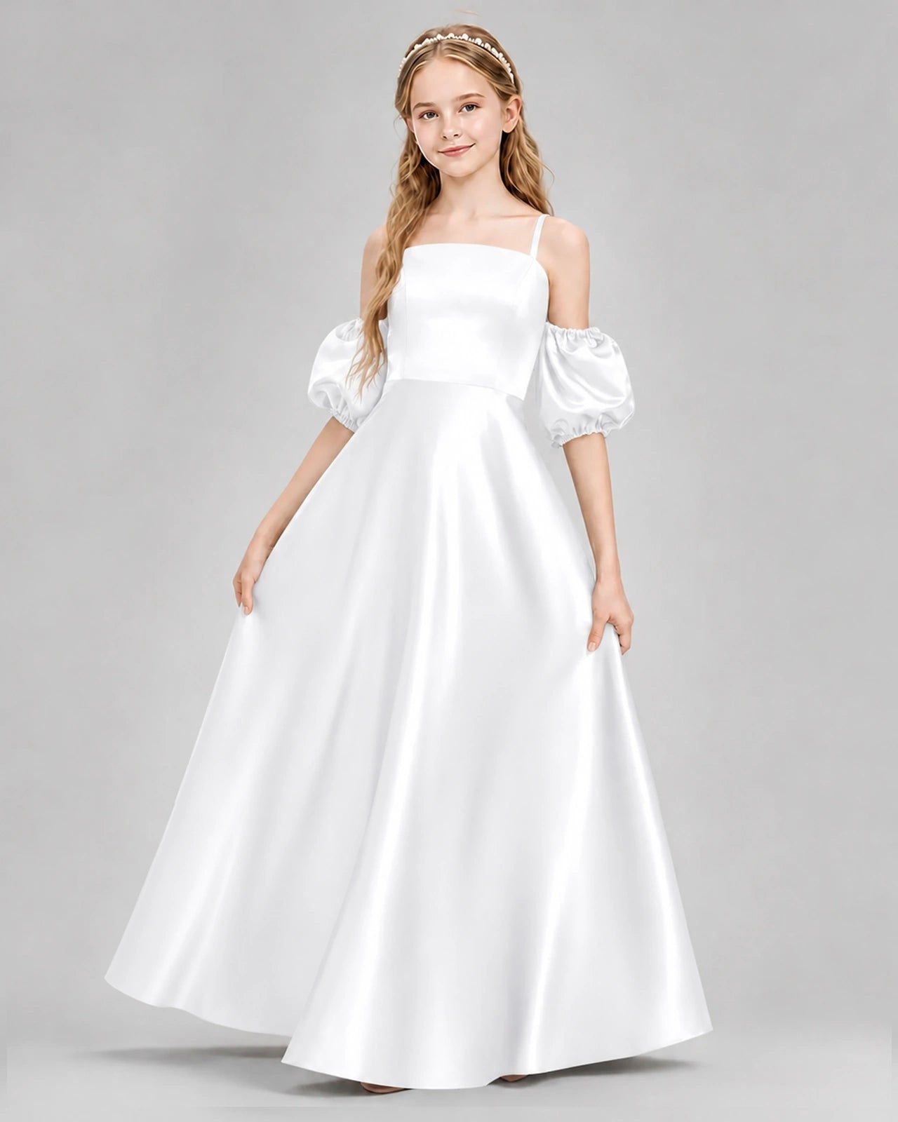 Dideyttawl Junior Bridesmaid Dress with Puff Sleeves and A-Line Satin Skirt