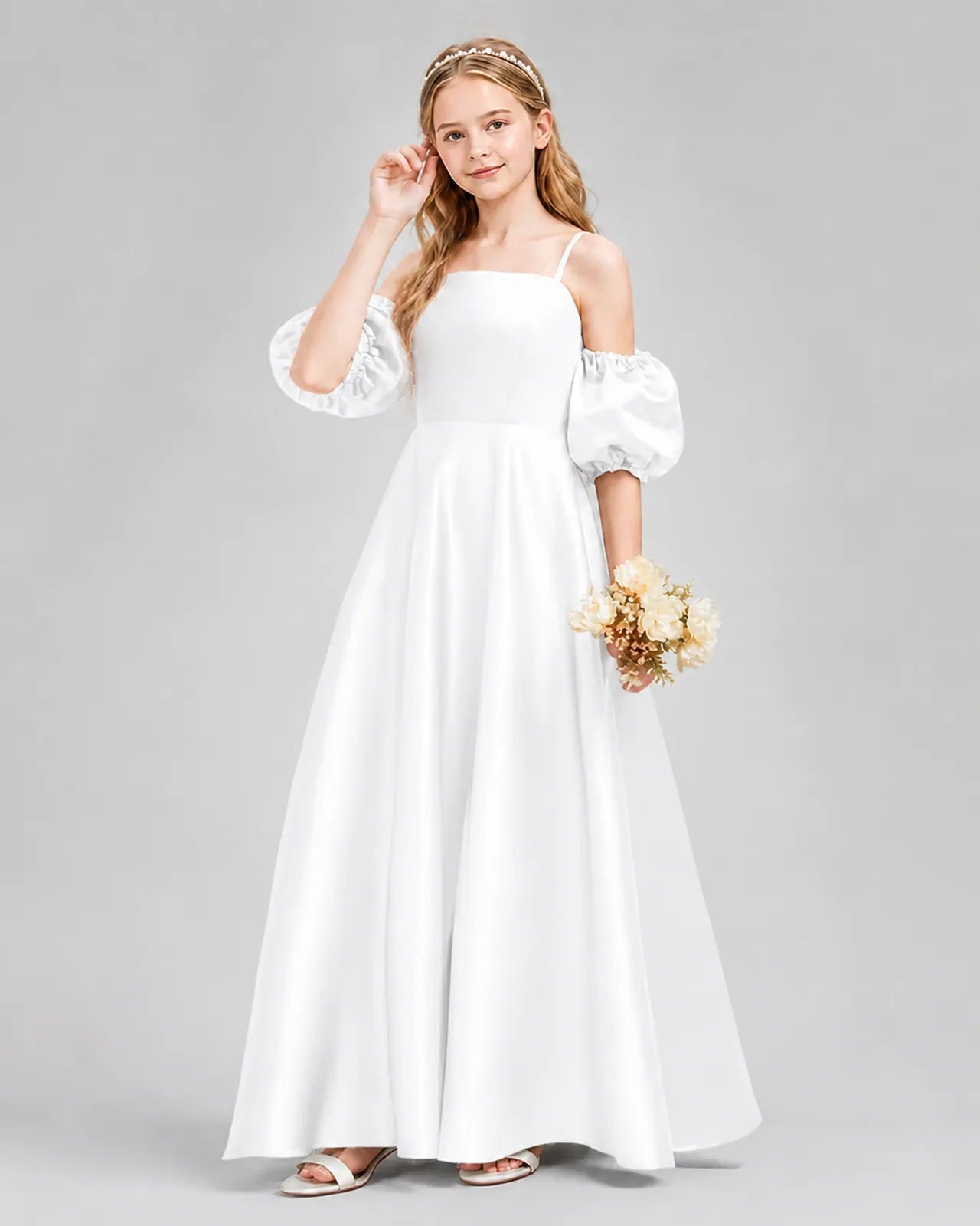 White Satin A-line Junior Bridesmaid Dress Front View
