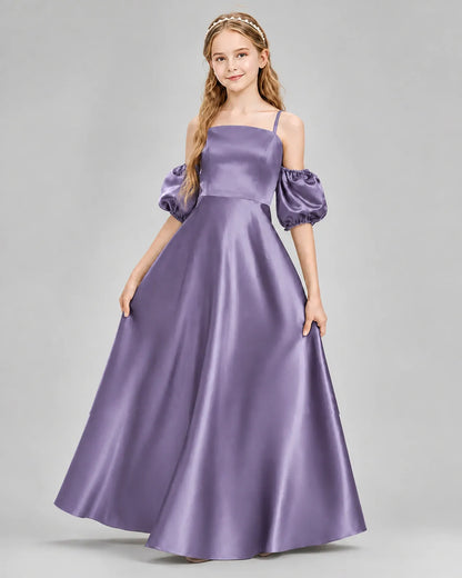 Wisteria Satin A-line Junior Bridesmaid Dress Front View