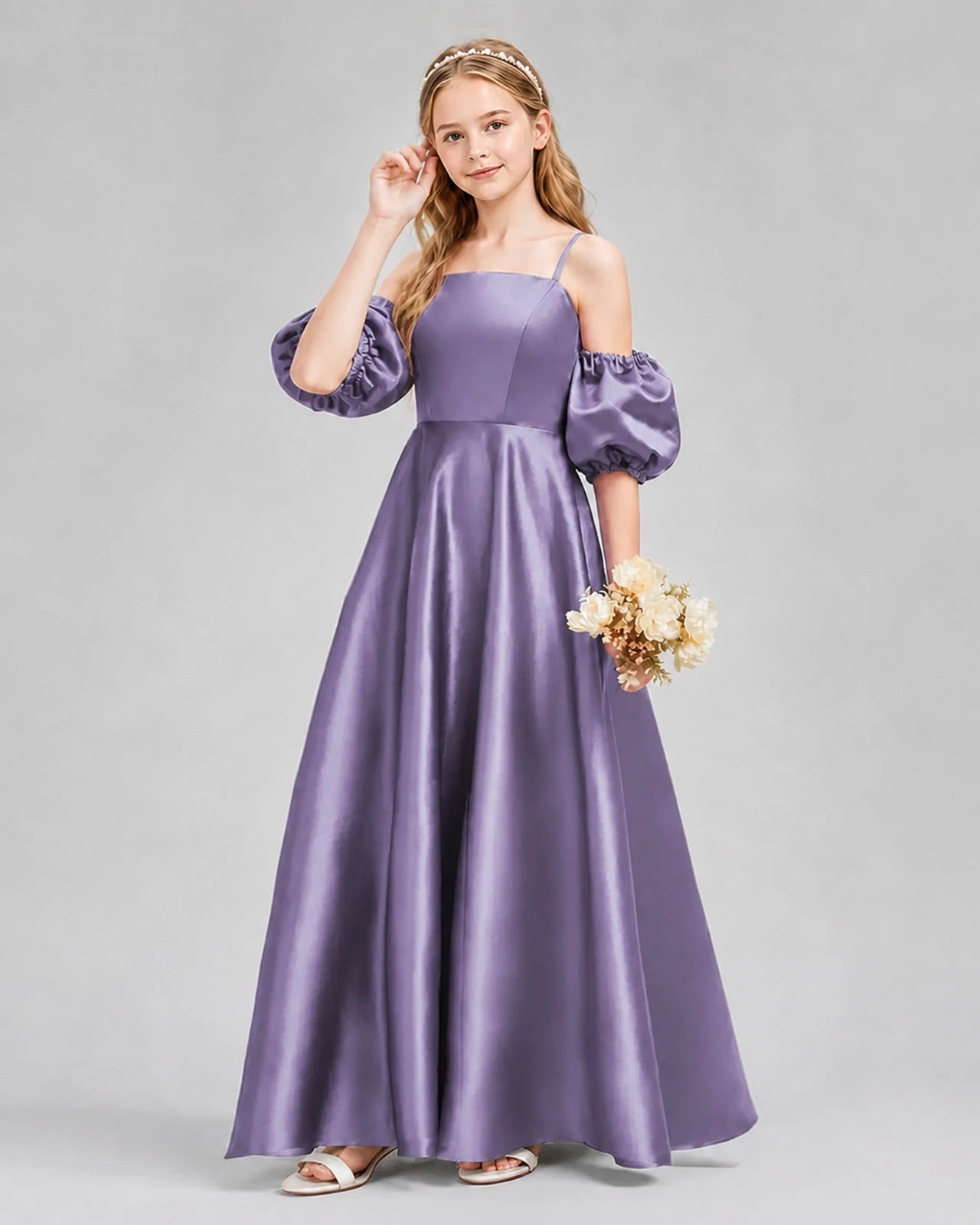Dideyttawl Junior Bridesmaid Dress with Puff Sleeves and A-Line Satin Skirt