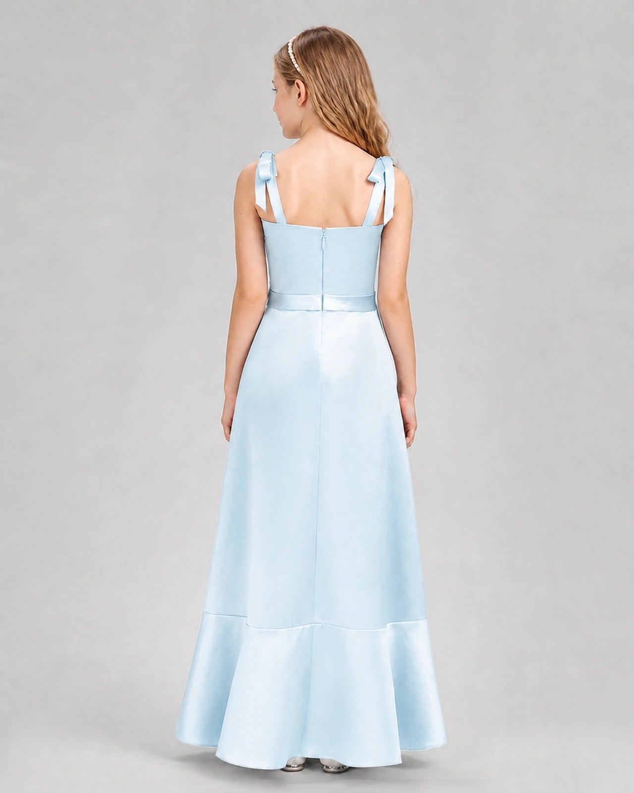 Baby Blue Satin Flounce Junior Bridesmaid Dresses Back View