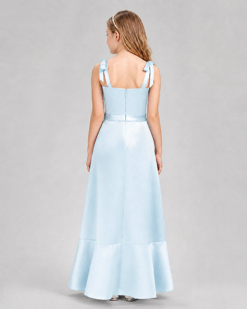 Baby Blue Satin Flounce Junior Bridesmaid Dresses Back View
