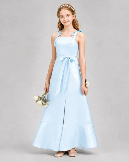 Baby Blue Satin Bow Strap Slit Junior Bridesmaid Dress Front View