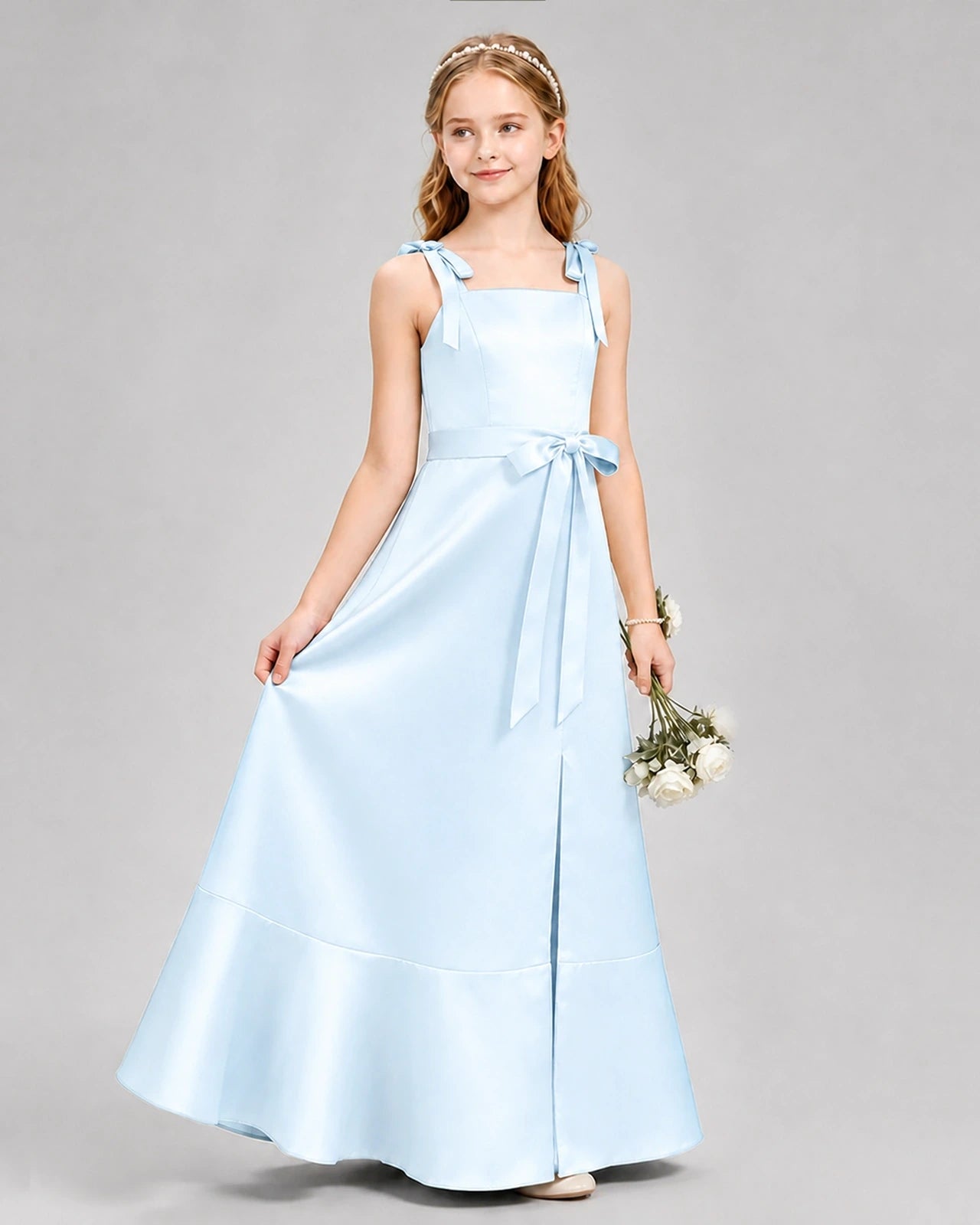 Baby Blue Satin A-Line Junior Bridesmaid Dresses Side View