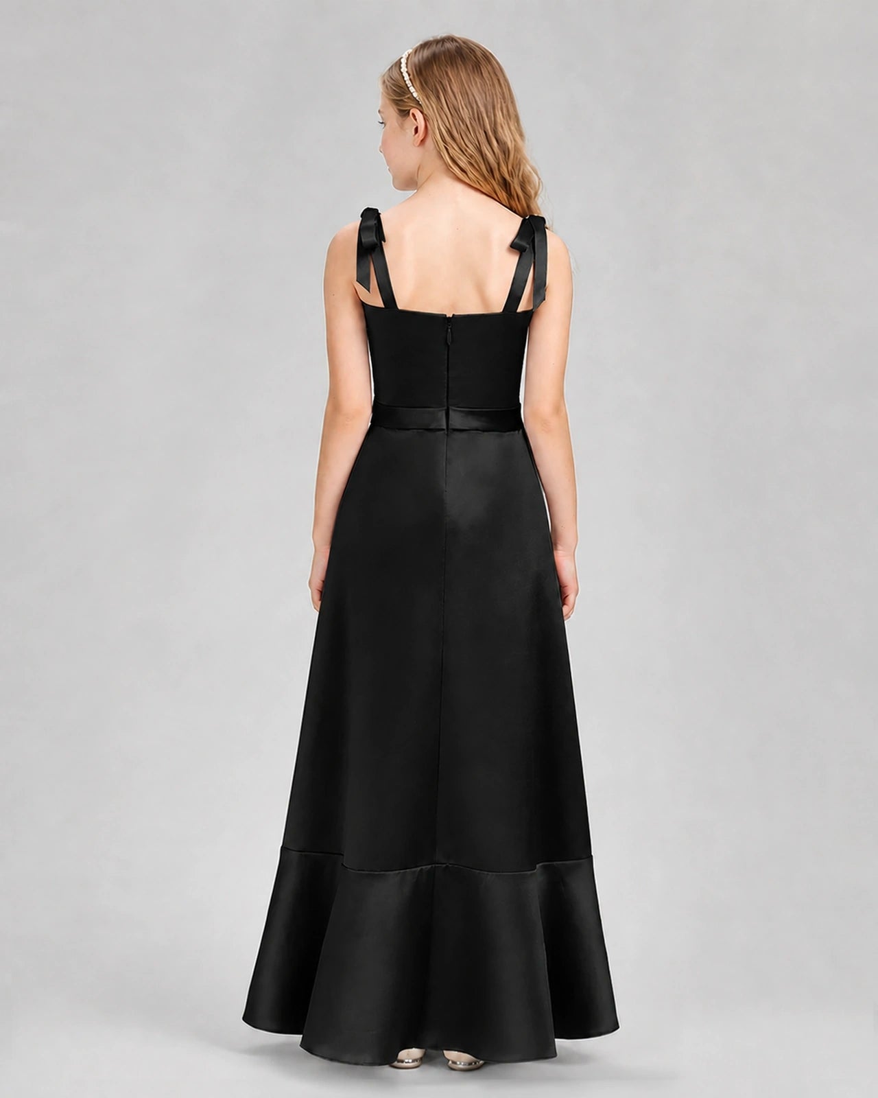 Black satin bow-strap mermaid junior bridesmaid dress Back View