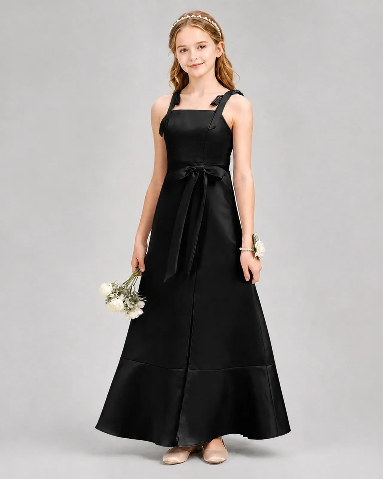 Black Satin A-Line Junior Bridesmaid Dresses Front View