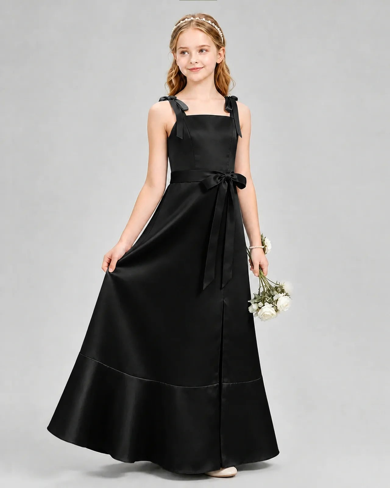 Black Satin A-Line Junior Bridesmaid Dresses Side View