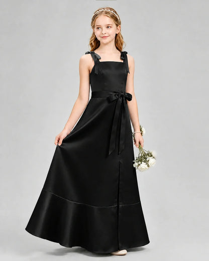 Black Satin A-Line Junior Bridesmaid Dresses Side View