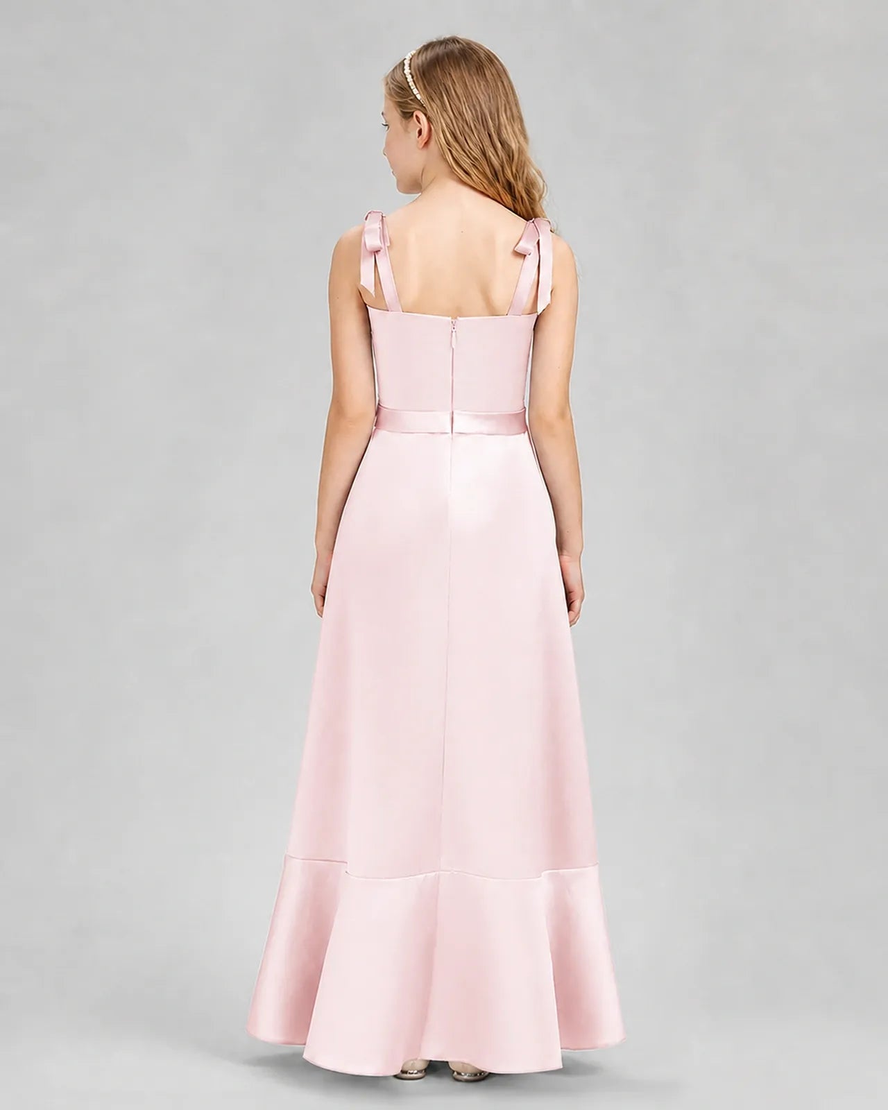 Blush Pink Satin Trumpet Junior Bridesmaid Dresses Back View