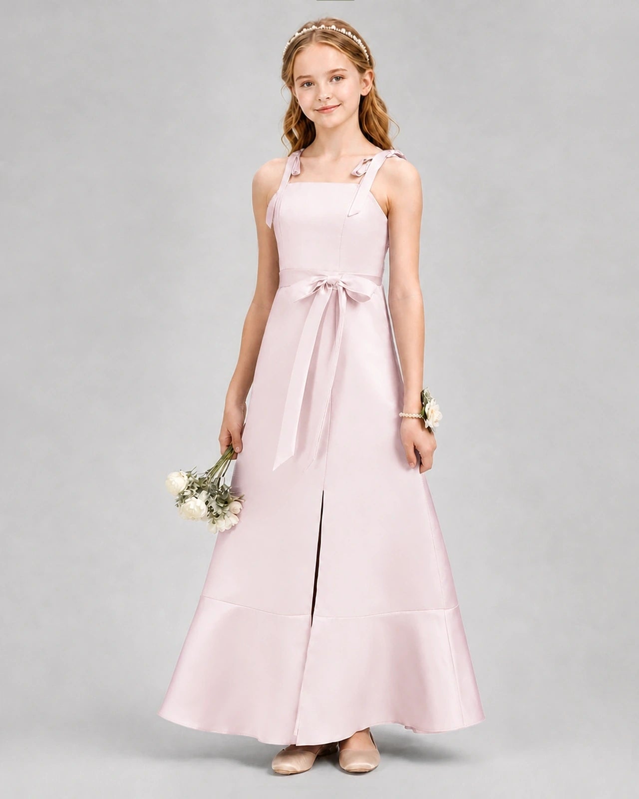 Blush Pink Satin Bow-Accented Junior Bridesmaid Dresses Front View