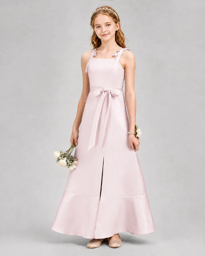 Blush Pink Satin Bow-Accented Junior Bridesmaid Dresses Front View