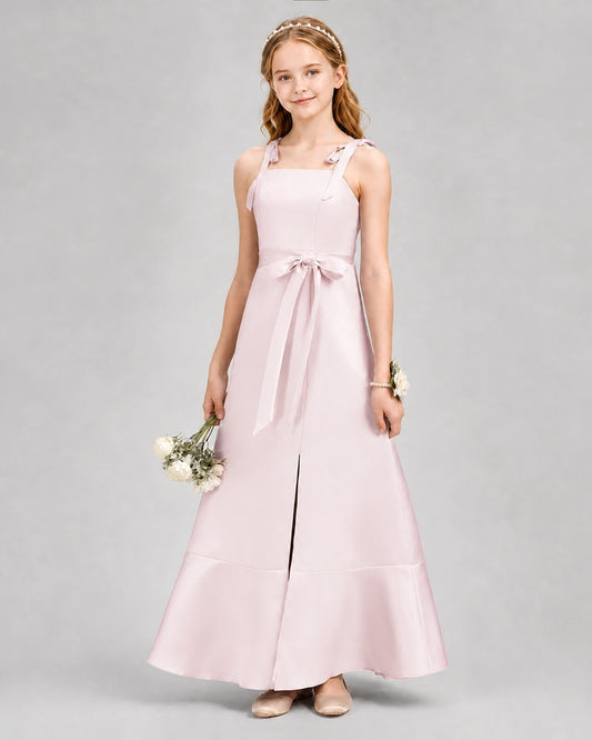 Blush Pink Satin Bow-Accented Junior Bridesmaid Dresses Front View