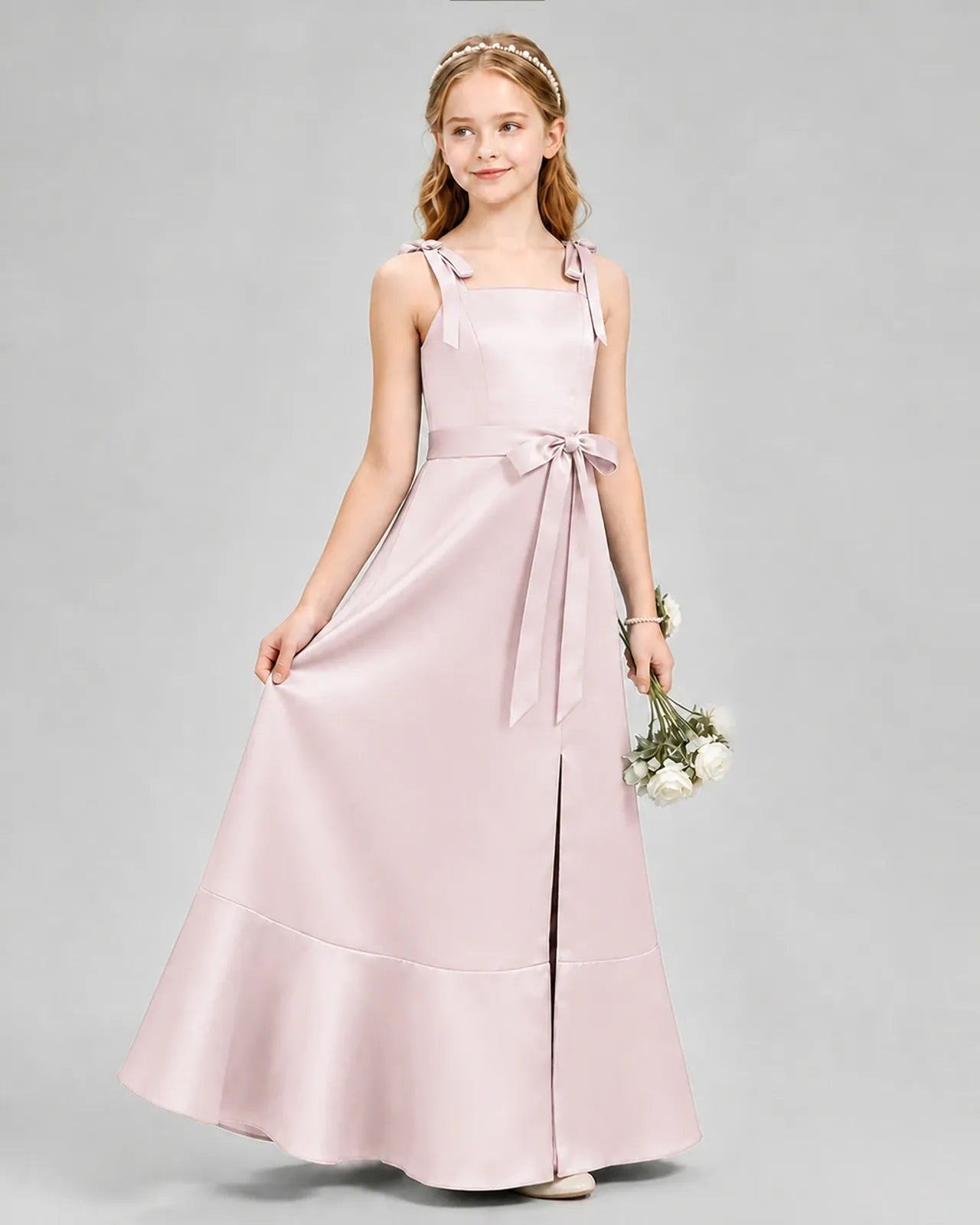 Blush pink satin A-line junior bridesmaid dress Side View