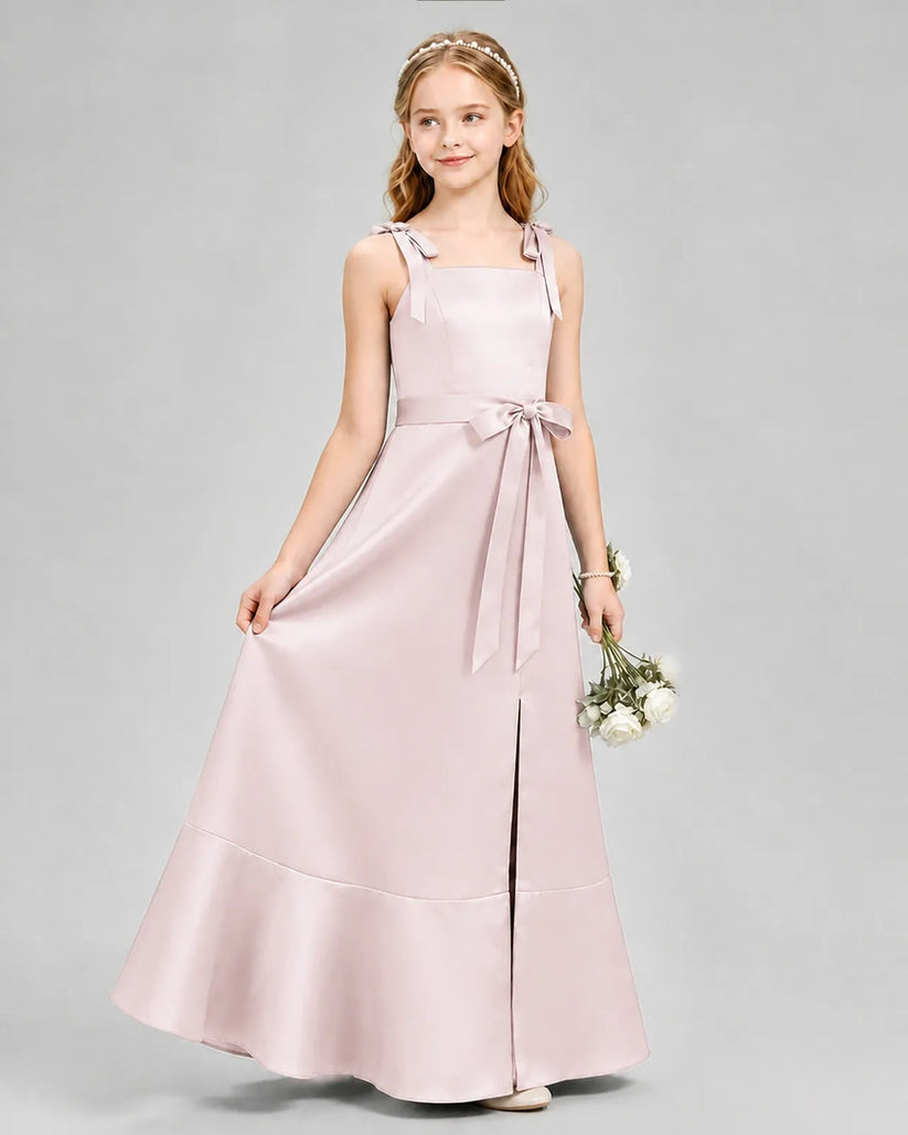 Blush pink satin A-line junior bridesmaid dress Side View