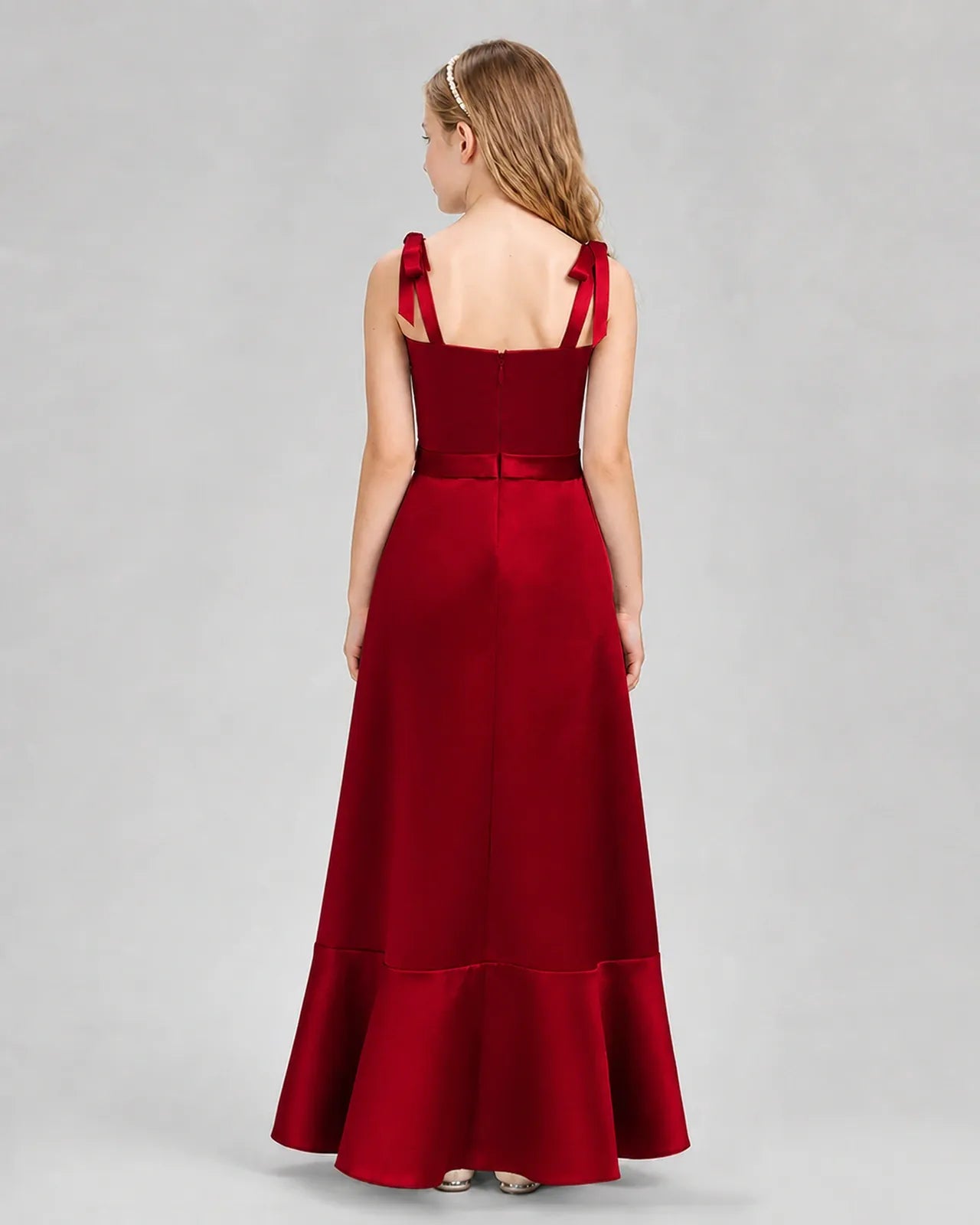 Burgundy satin A-line junior bridesmaid dress, back view