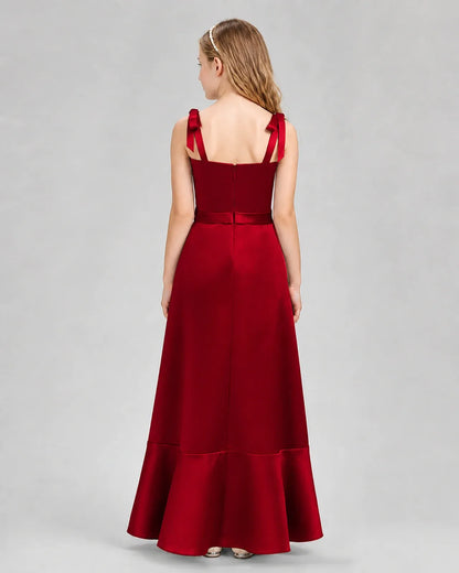 Burgundy satin A-line junior bridesmaid dress, back view