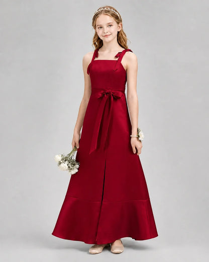 Burgundy Satin A-Line Junior Bridesmaid Dresses Front View